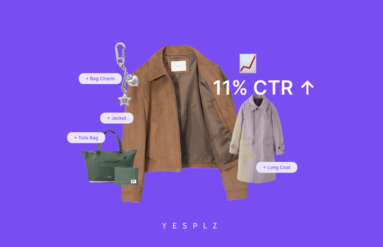 Jackets and a tote bag with a keychain are displayed on a purple background. Text indicates a 11% CTR increase with AI tagging.