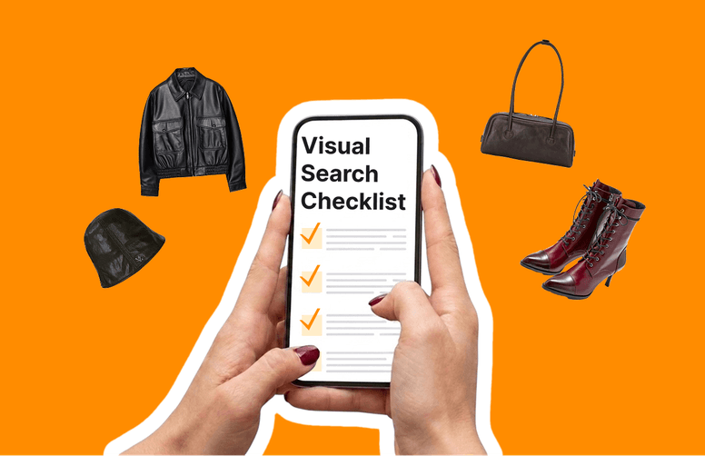 Hands holding smartphone with "Visual Search Checklist" surrounded by images of a jacket, hat, purse, and boots on an orange background.