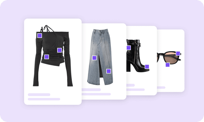 A selection of fashion items: a black top, wide-leg jeans, black ankle boots, and sunglasses, displayed on individual cards with purple tags.