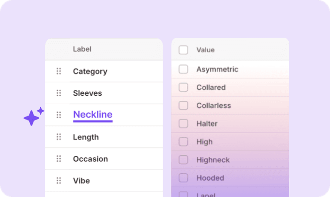 Two lists on a purple gradient background: "Label" with "Neckline" highlighted, and "Value" with options like "Asymmetric" and "Collared."