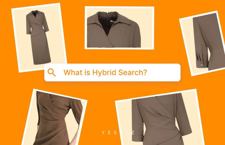 Khaki dresses displayed around a search bar with the text "What is Hybrid Search?" on an orange background.
