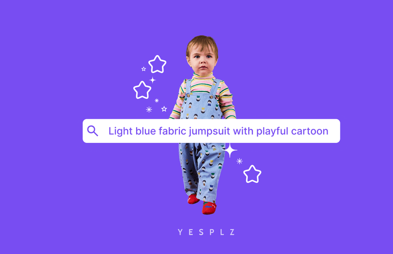 Toddler in a light blue jumpsuit with cartoon prints, standing on a purple background with stars and a search bar overlay.