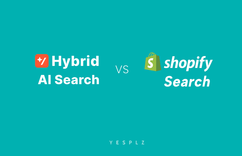 Comparison graphic showing YesPlz Hybrid AI Search versus Shopify Search, illustrating two different eCommerce search technologies.