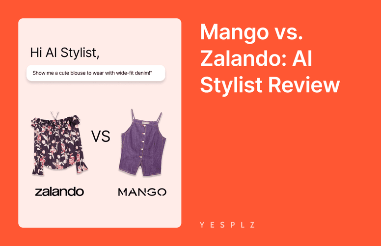 Comparison of two outfits: a floral blouse from Zalando and a purple denim top from Mango, with text "Mango vs. Zalando: AI Stylist Review."