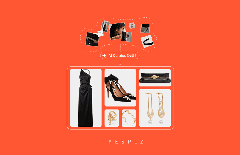 Illustration of AI curating an outfit in 7 steps, transforming scattered fashion items into a complete black evening look with heels, clutch, and gold jewelry.
