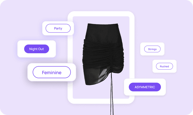 Black asymmetric skirt with tagging details pointed out each part like color, length, and style vibe