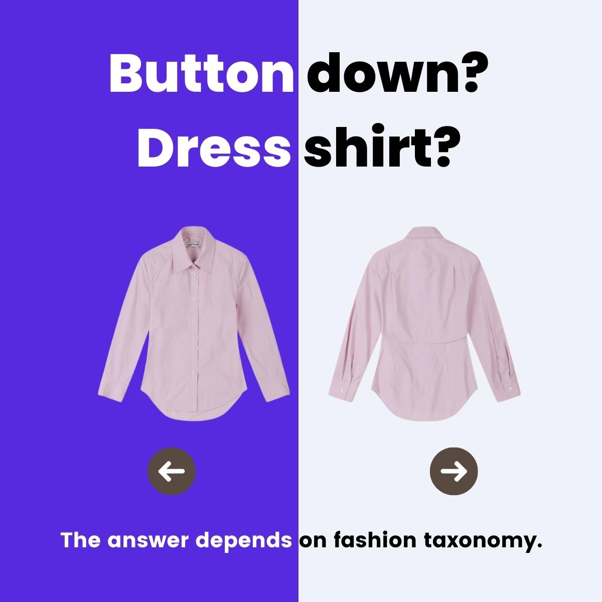 A split purple and white image two shirts, and text "button down" or "dress shirt"