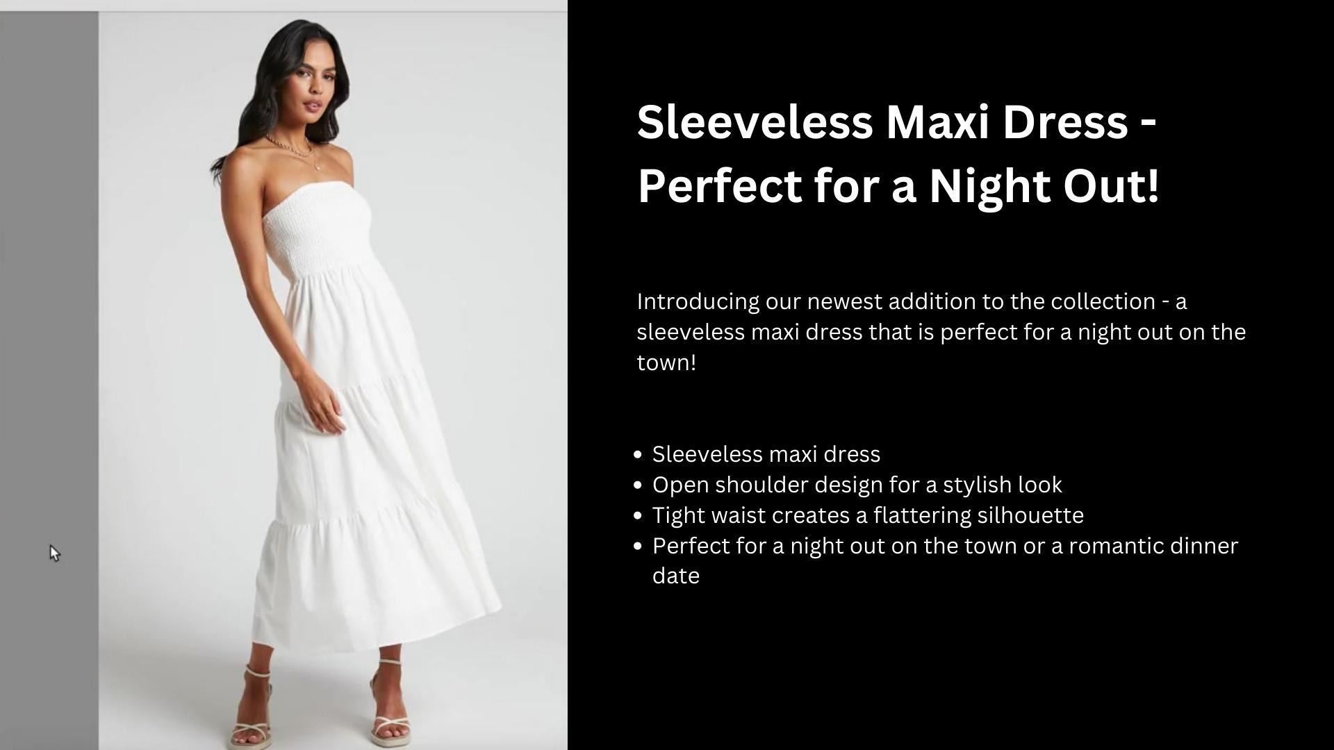 An AI-generated product description for a white sleeveless maxi dress