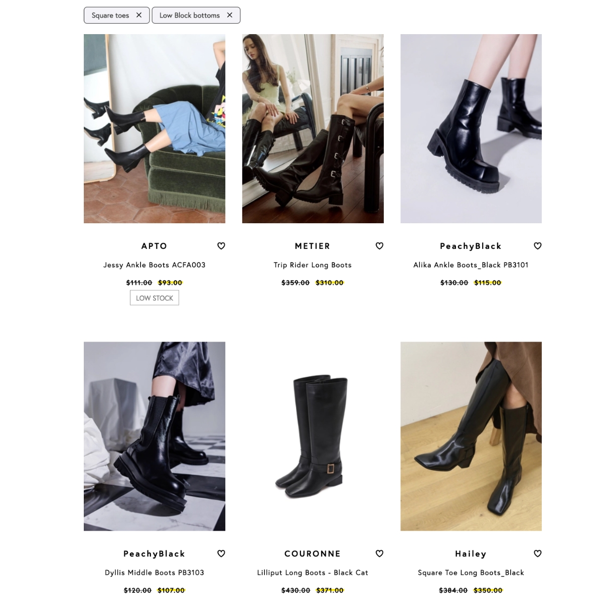 Low block heel square toe boot search results that use fashion image tagging