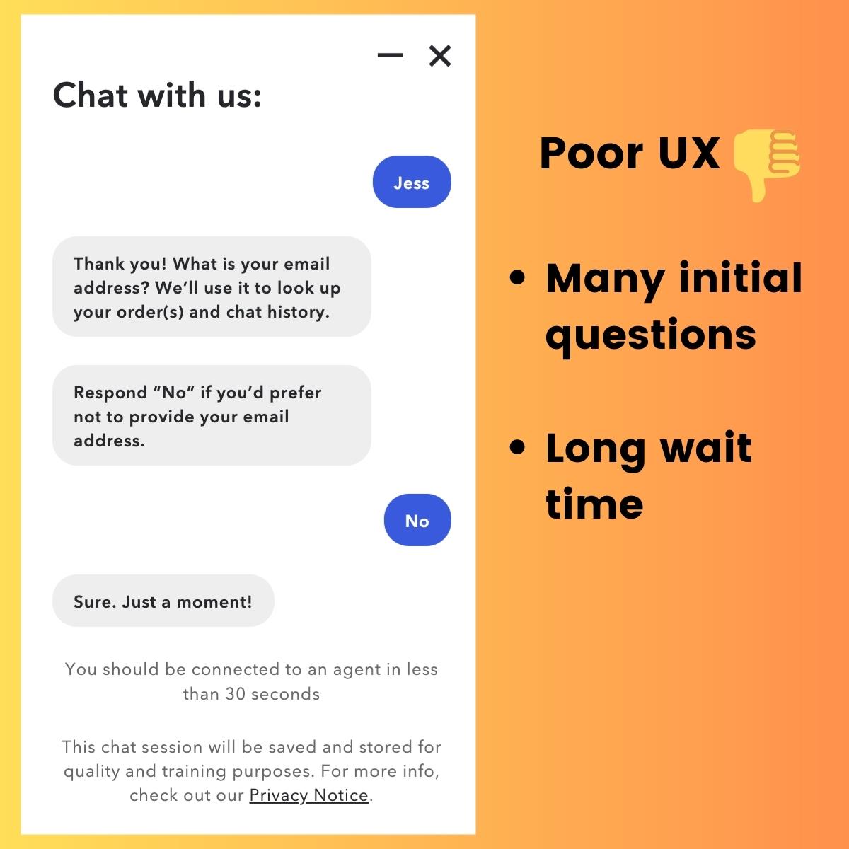 Chat screenshot with chatbot for retail against orange gradient