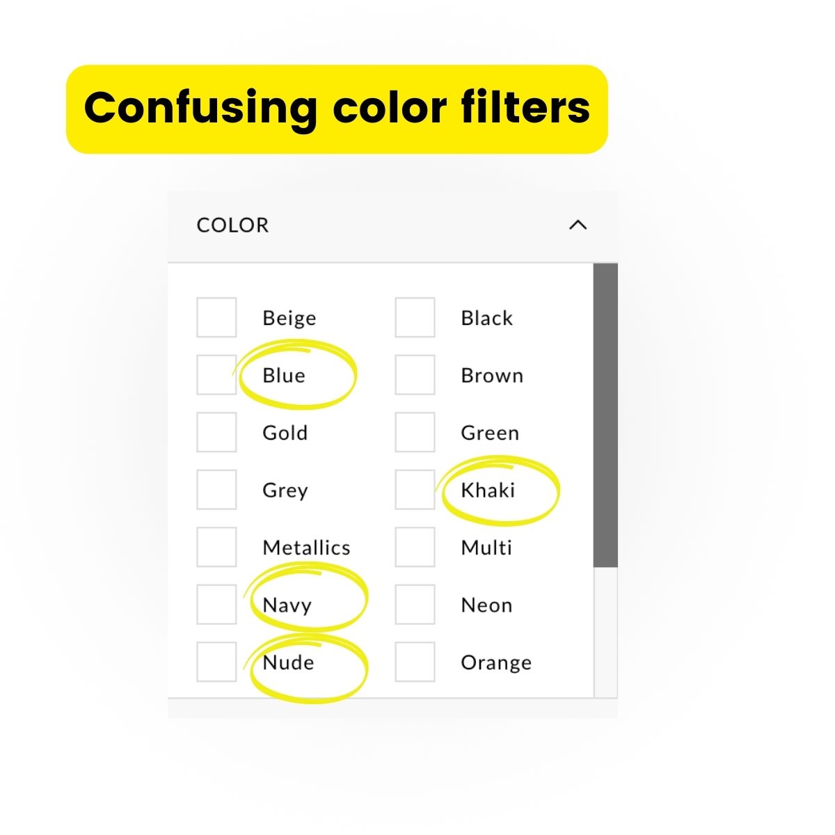 Confusing color filters for product filtering