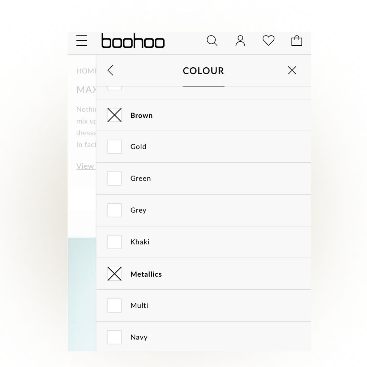 Boohoo mobile filters against gradient background