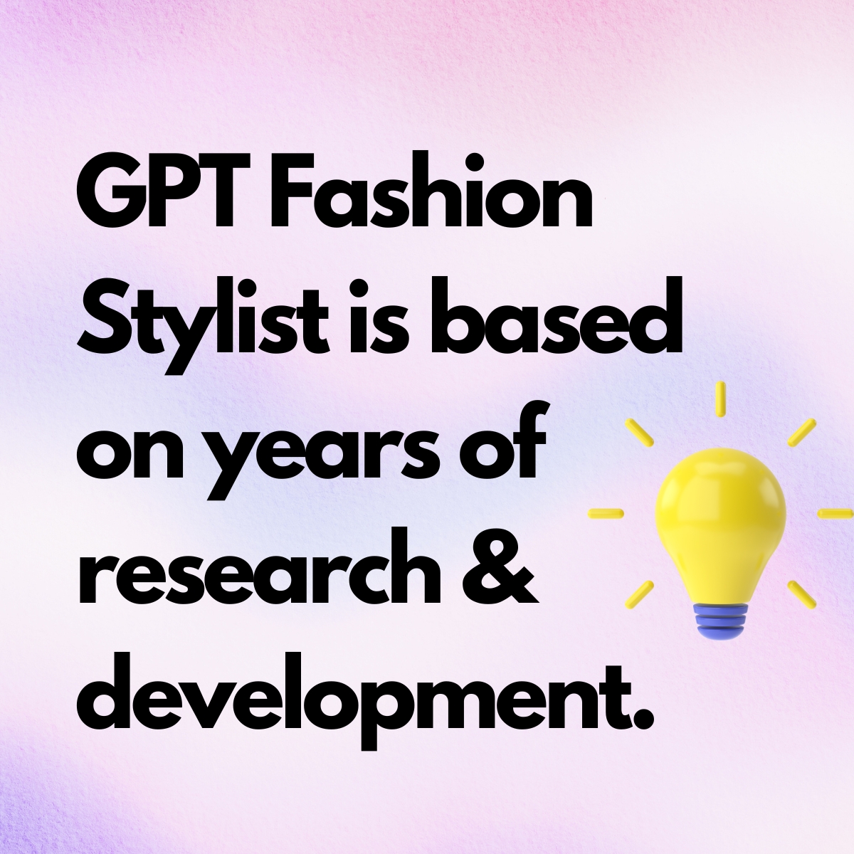 Text against gradient background, stating that YesPlz spent years doing research on fashion AI, with a 3D lightbulb