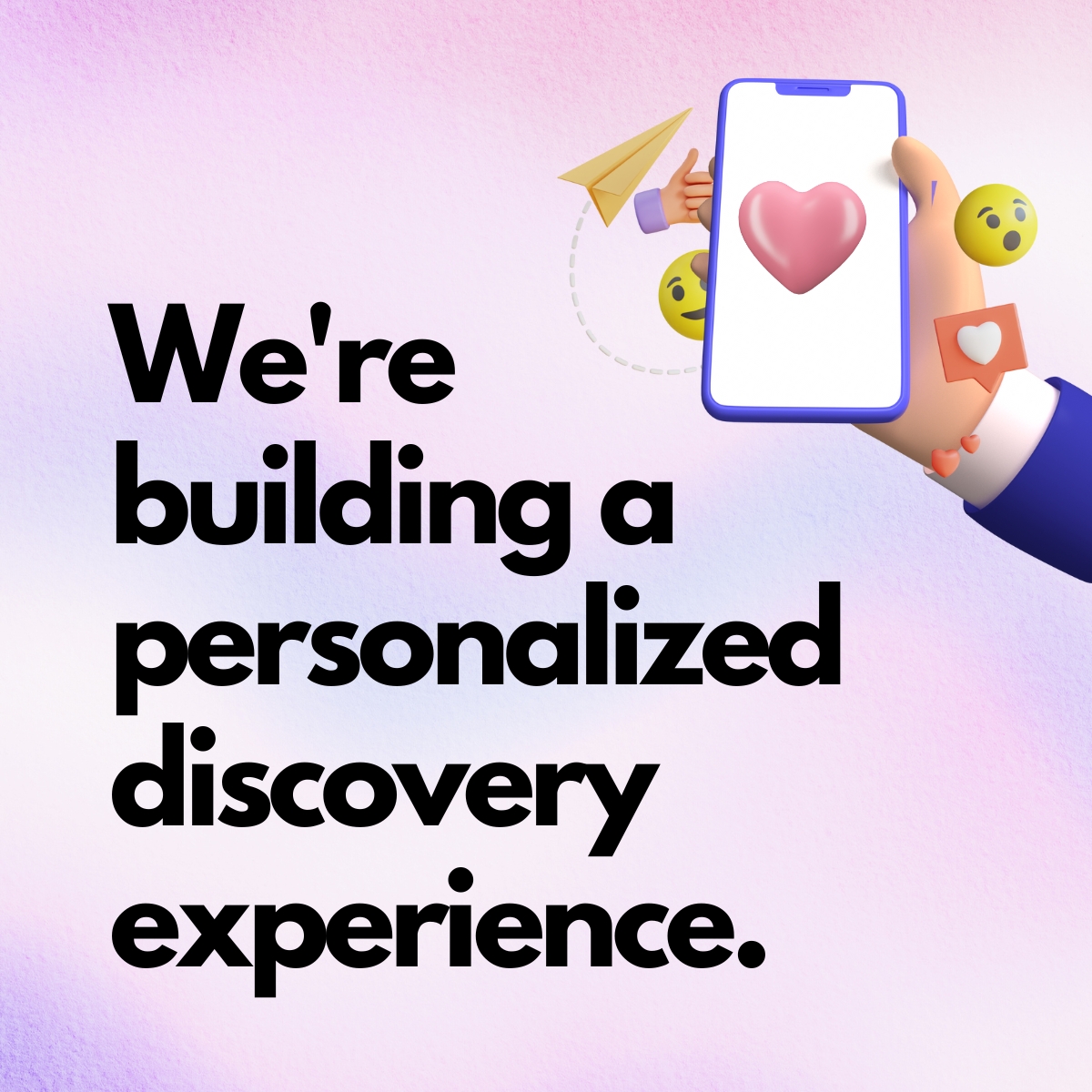 Text against gradient background with 3D image of cell phone, stating that YesPlz builds personalized eCommerce product discovery