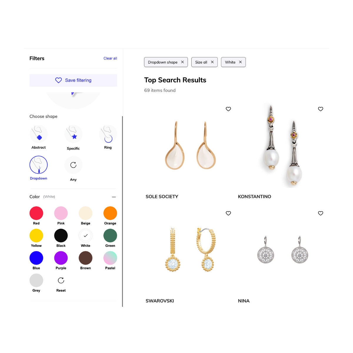 Dropdown earrings with white color filter using fashion AI
