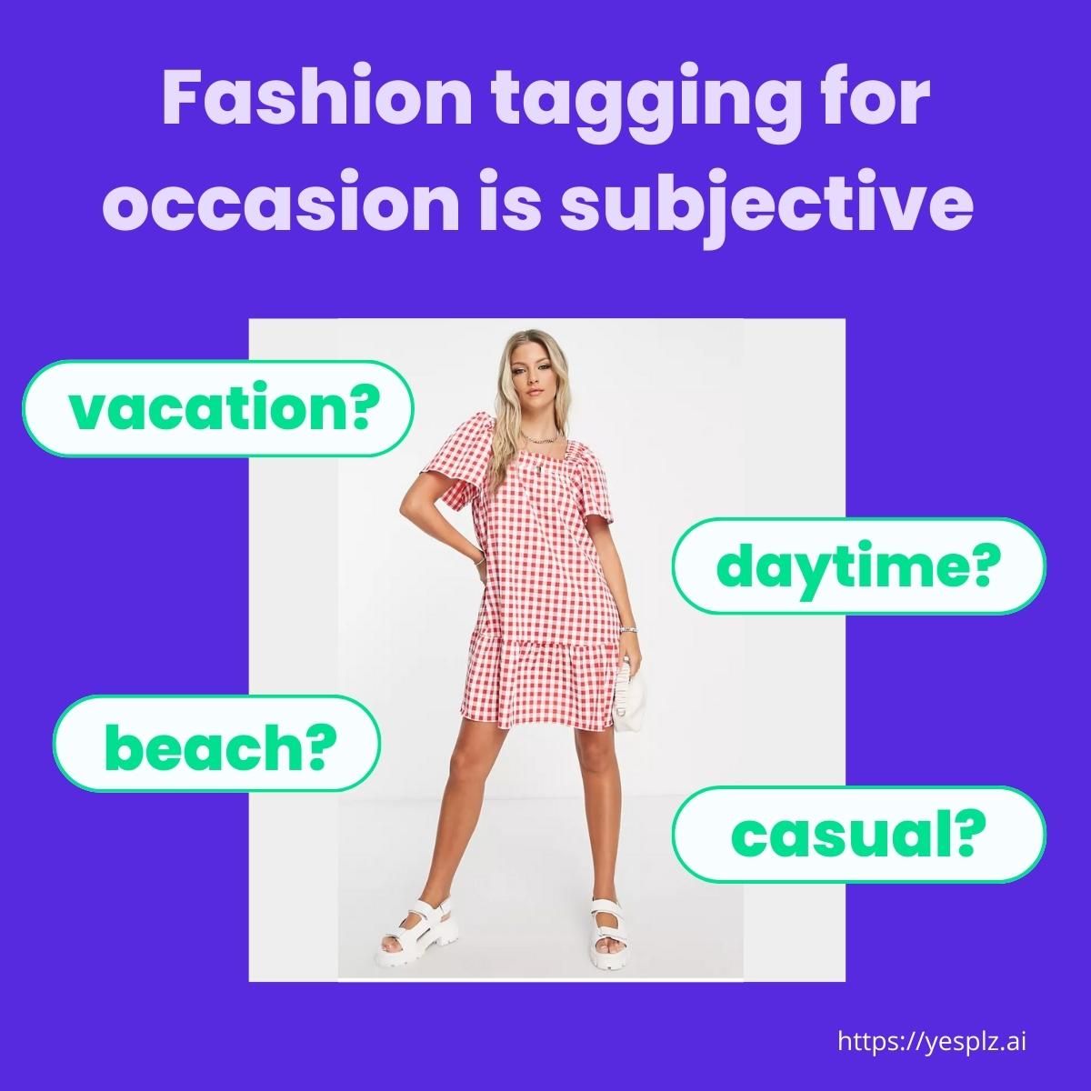 A gingham dress with fashion tagging labels including vacation, daytime, and beach