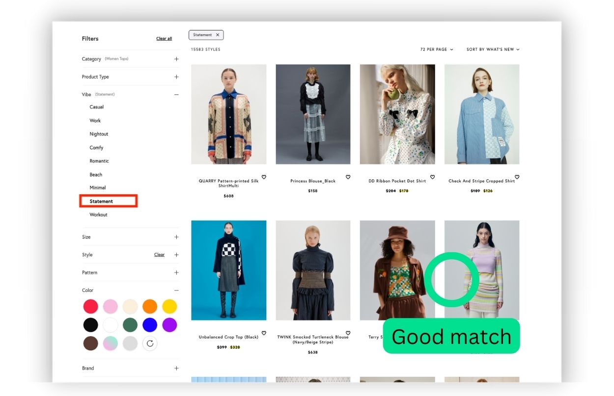 YesPlz AI search results for fashion tagging for occasion with statement filters