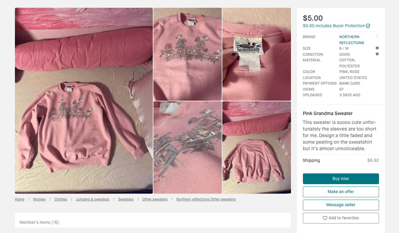 Depop product description for a pink sweater
