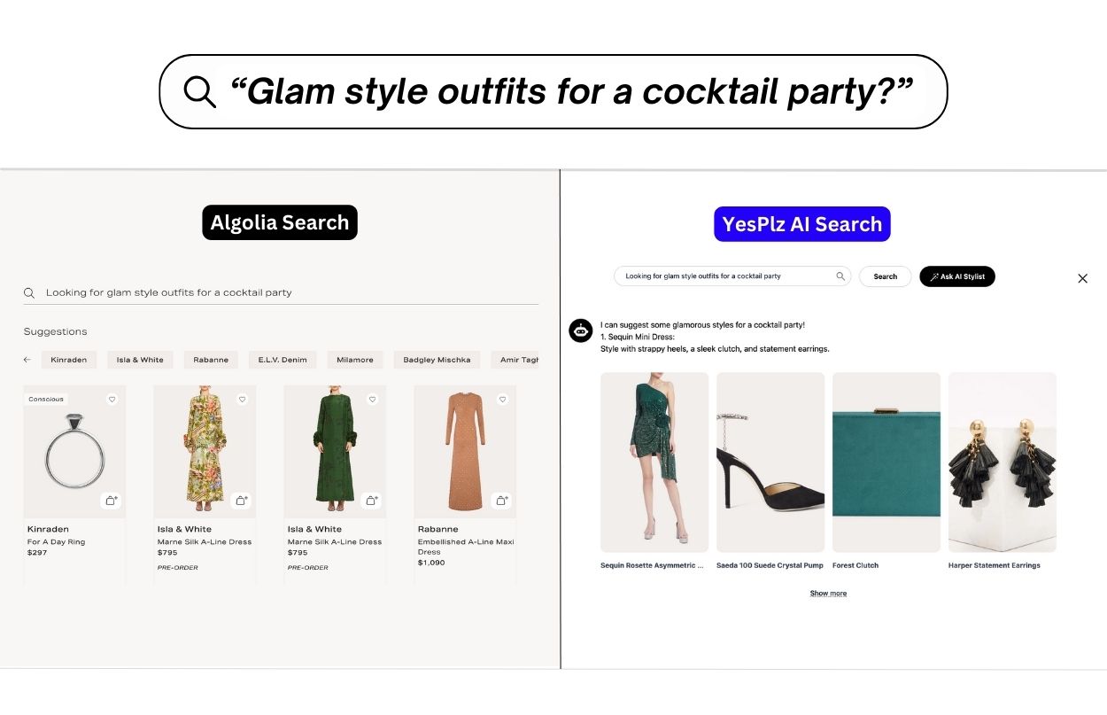 Comparison between Algolia and YesPlz for fashion search 