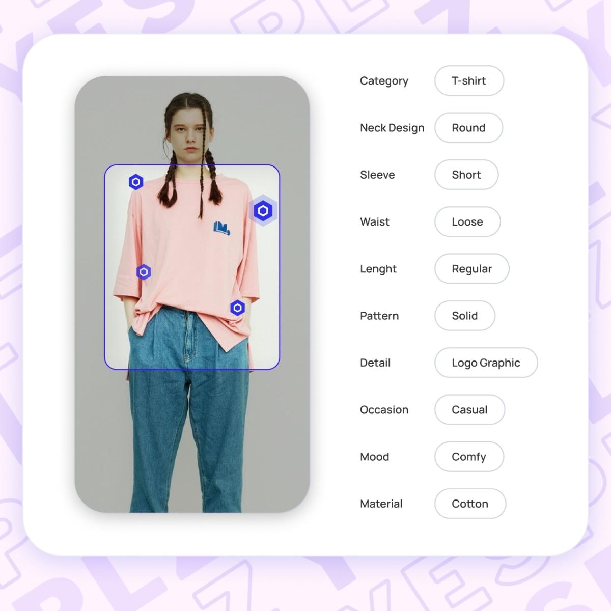 YesPlz image tagging a pink t-shirt, mapping product attributes like occasion, silhouette, and length