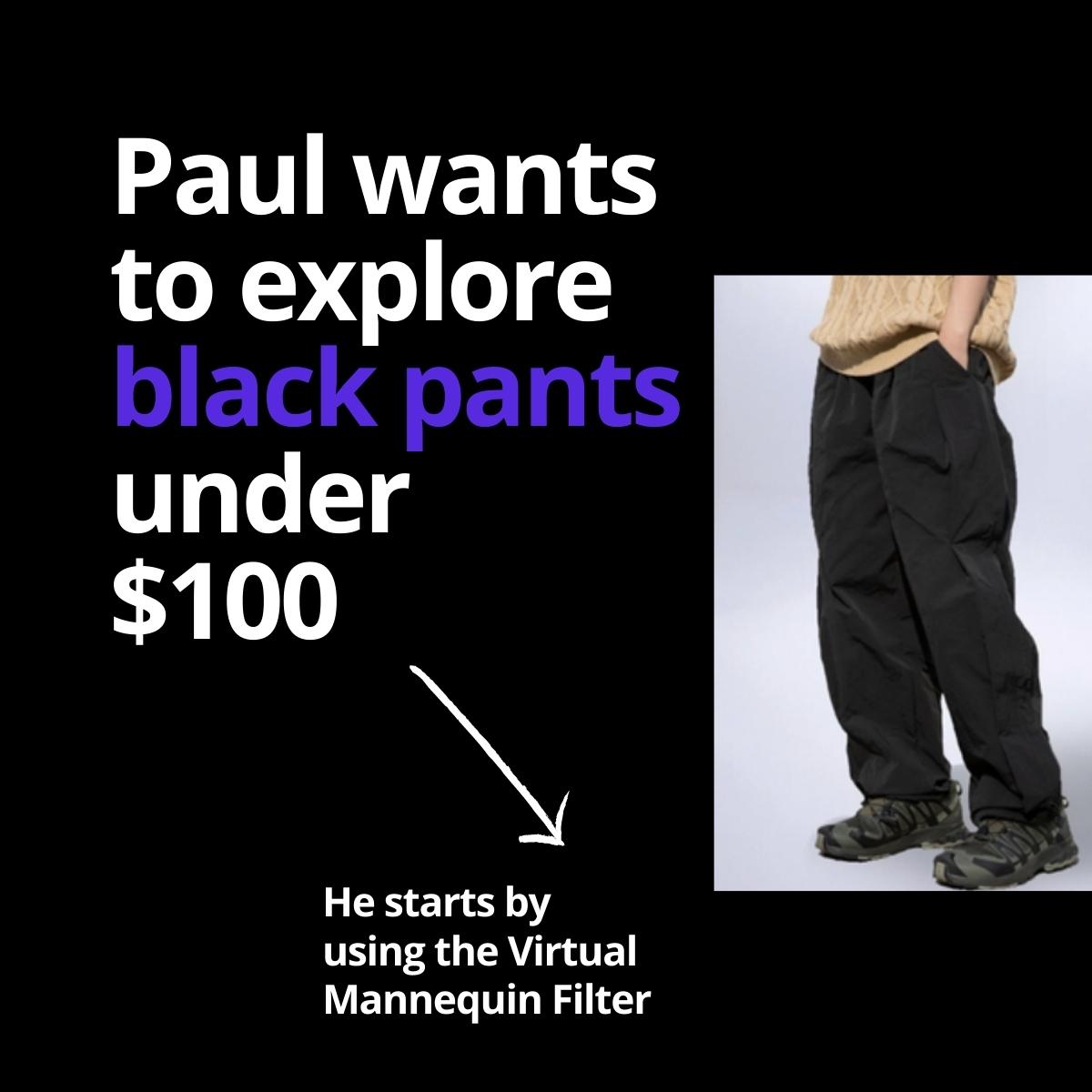 A pair of baggy black pants with explanation of Paul's eCommerce discovery journey
