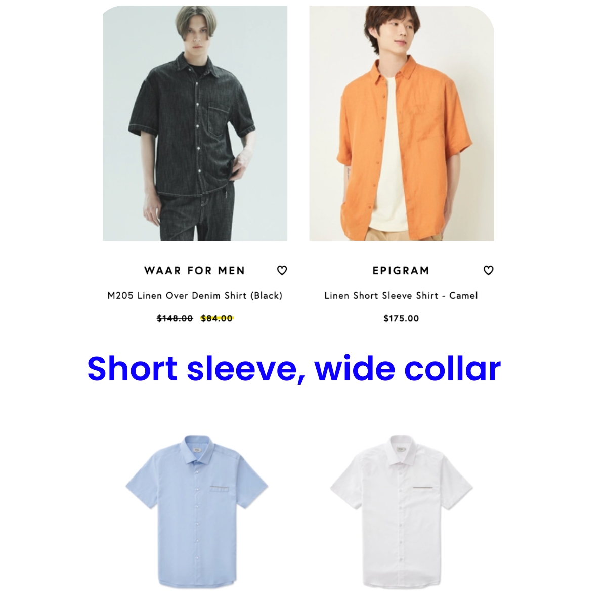 Short sleeve, wide collar shirts with AI product filtering