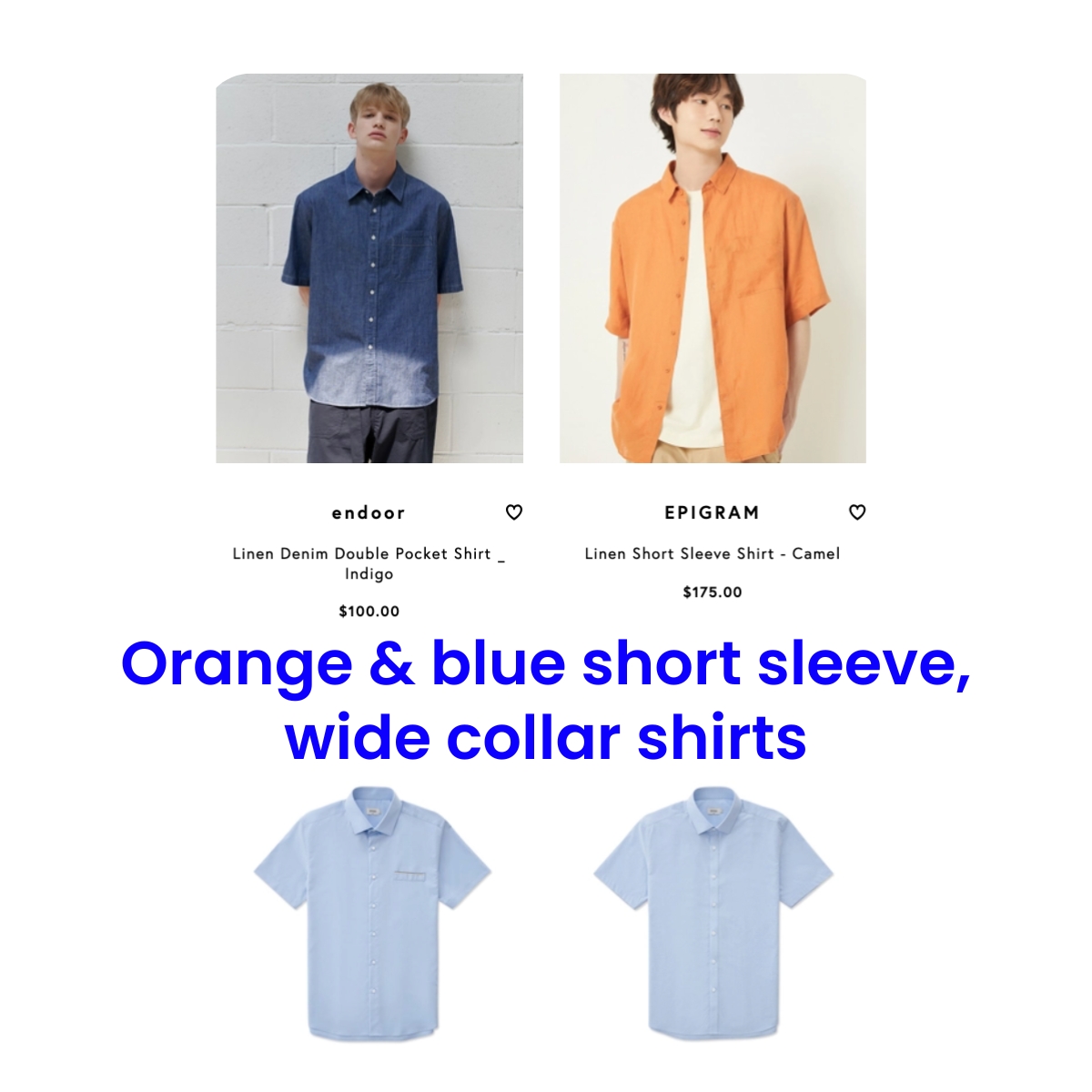 Orange and blue, wide collar, short sleeve shirts using AI filtering