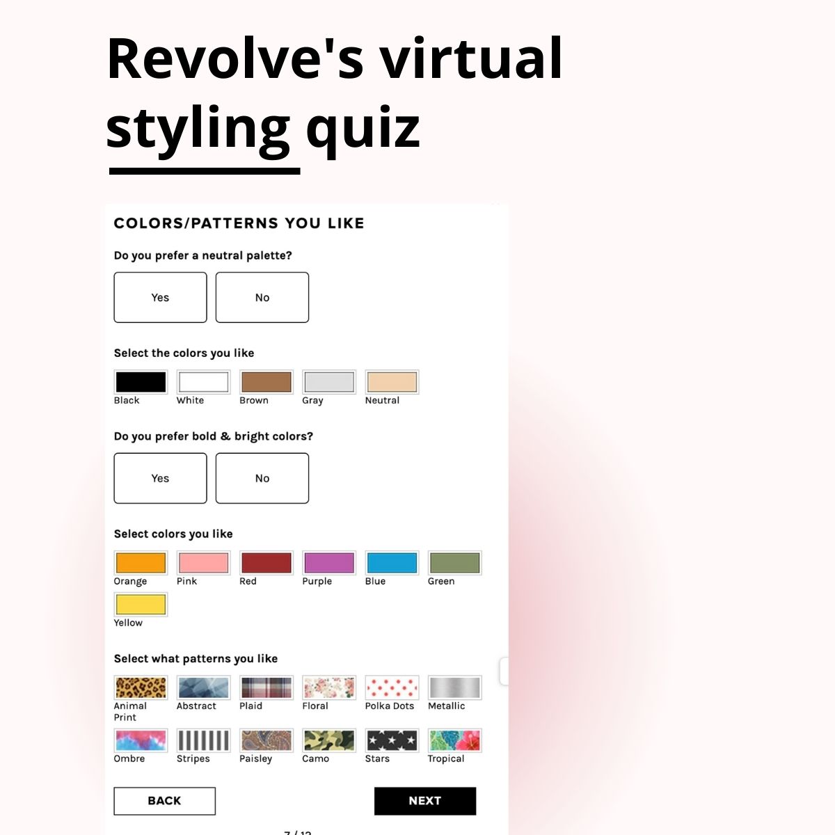 Revolves virtual styling quiz against a pink gradient background