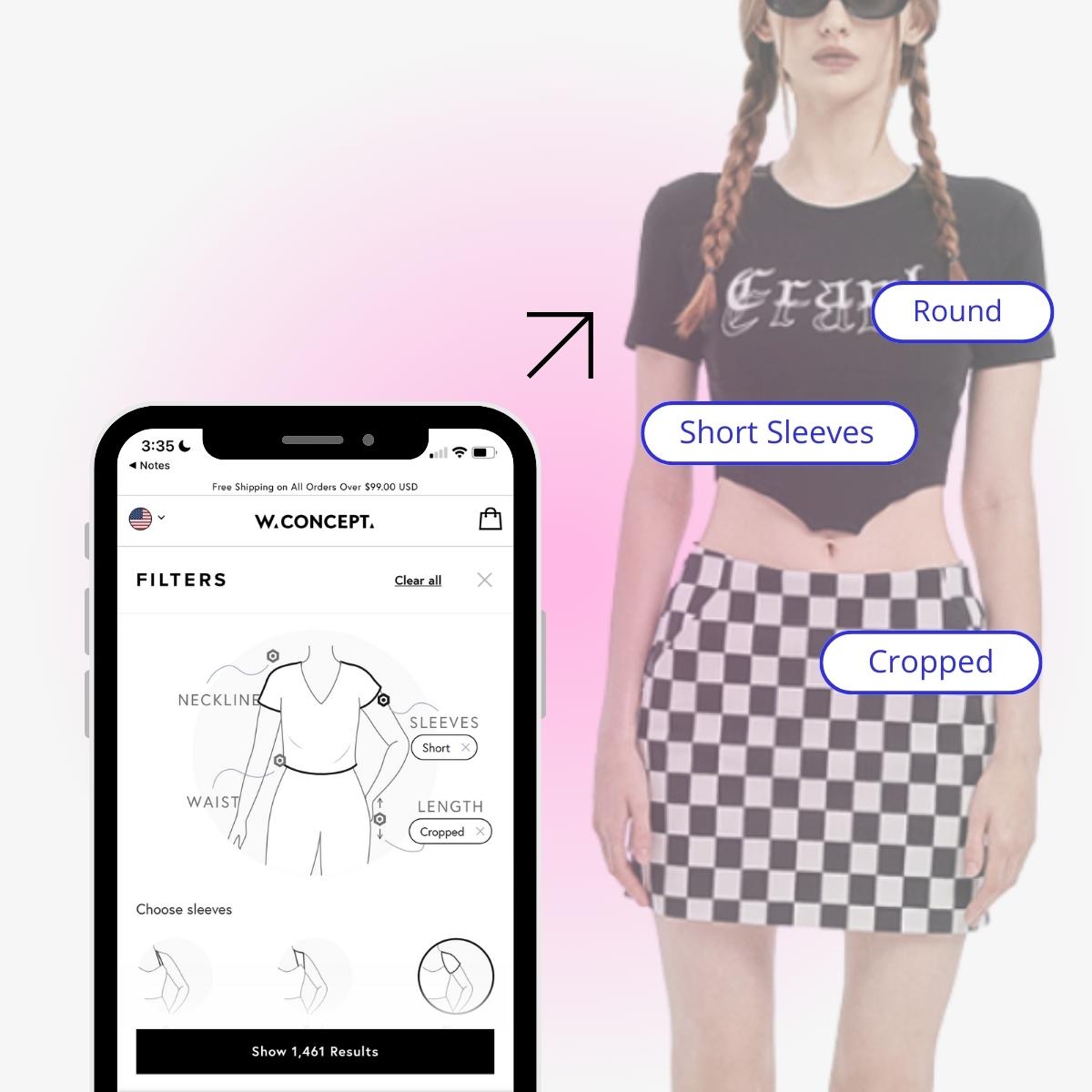 An example of an eCommerce search with virtual mannequin filter