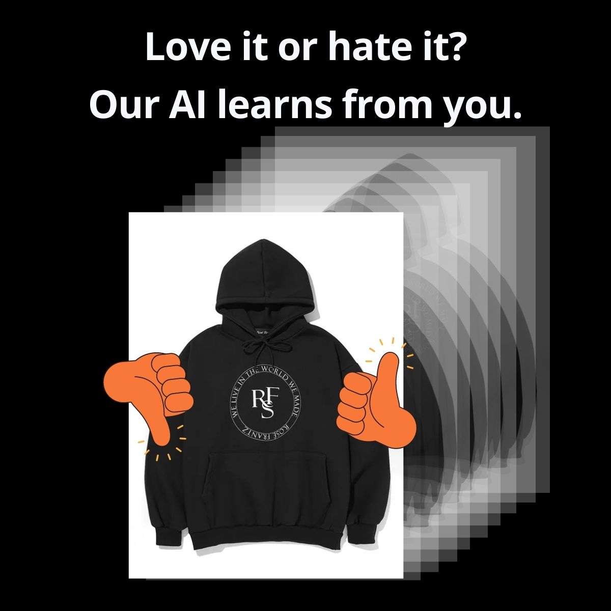 YesPlz AI machine learning with black hoodie and thumbs up/down stickers