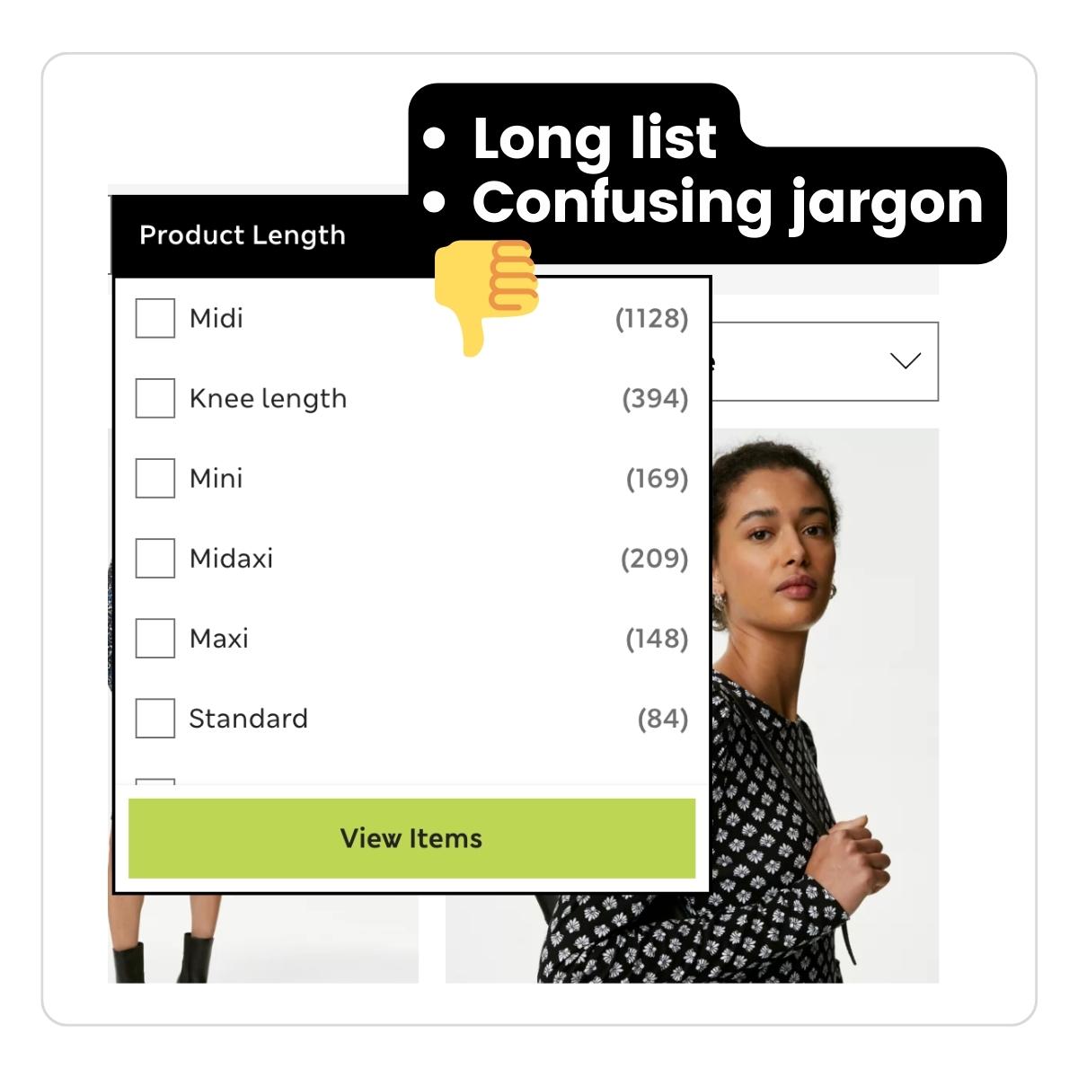 Long list of confusing fashion jargon in traditional product filters