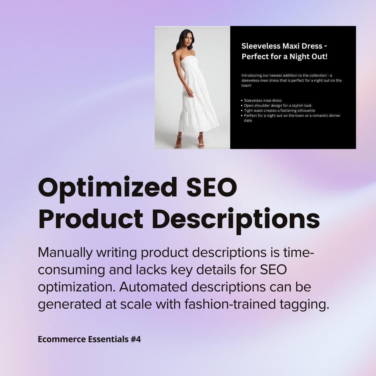Optimized SEO product descriptions are ecommerce essentials against a gradient background