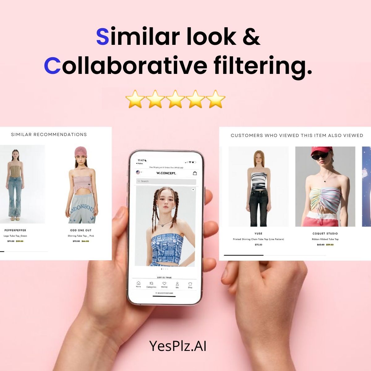Different tops at W Concept using fashion AI product recommendations