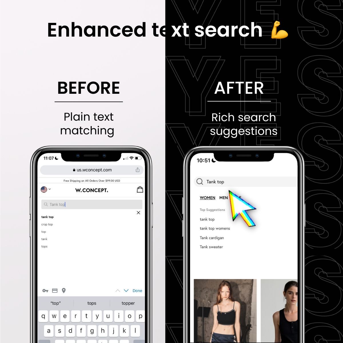 Fashion AI text search before and after for W Concept