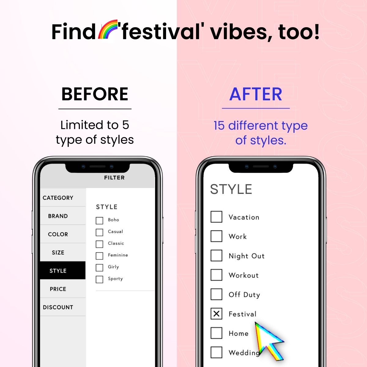 Two filter options for finding festival vibes using fashion tagging for occasion