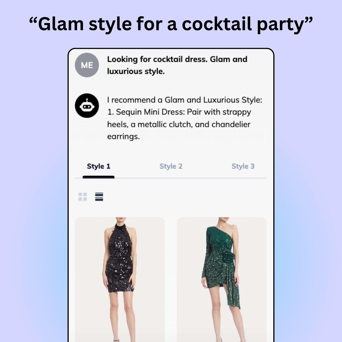 AI Stylist recommending a glam cocktail party