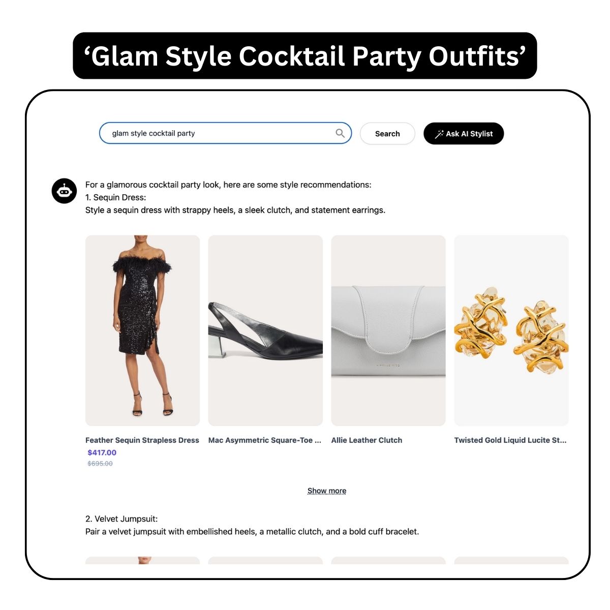 Generative AI in fashion search results for glam style outfits